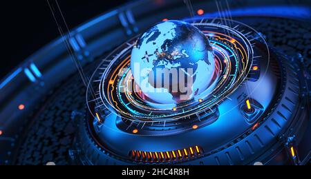 Illustration de sattelite en orbite autour du globe.3D Banque D'Images