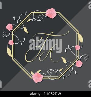 cadre doré monogramme avec décoration roses Illustration de Vecteur