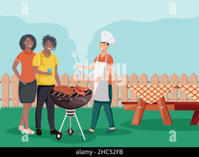 amis dans des personnages de fête barbecue Illustration de Vecteur