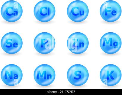 Ensemble de complexes minéraux.Minéral K, Cl, CA, Cu, mn,Na, Fe, mg, se, Zn,S, P. Multimineral complément de capsule de pilule concept d'illustration.Médicament bleu Illustration de Vecteur
