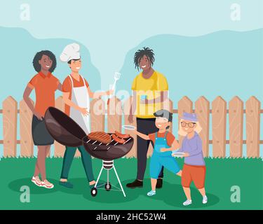 les personnes interraciales dans la fête du barbecue Illustration de Vecteur