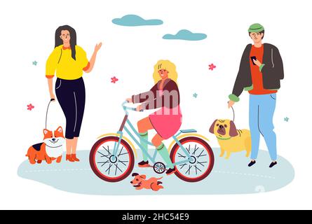 Les propriétaires de chiens - moderne coloré modèle plat illustration de style sur fond blanc.Une fille marche un corgi sur une laisse, cycliste avec un Jack Russell Terrier, b Illustration de Vecteur