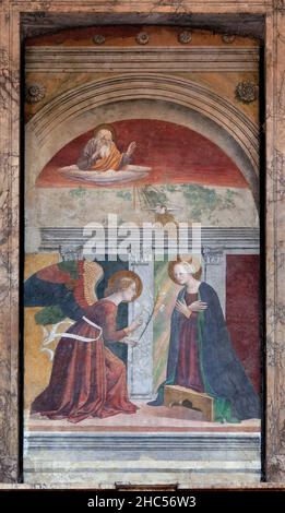 l'Annonciation, peinture attribuée à un Melozzo da Forli (1438-1494), fresque ornant la cappella dell'Annunciazione au Panthéon a Rome, Rome, Latium, ITA Banque D'Images