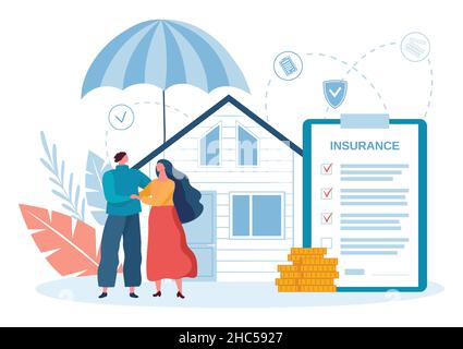 Assurance de propriété de maison, couple rester sous parapluie avec la maison.Assurance vectorielle et famille de soins, sécurité de la maison sous l'illustration parapluie Illustration de Vecteur