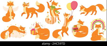 Renards de dessins animés, renard roux mignon dormant, assis ou sautant.Animaux de forêt drôles, animaux sauvages mascotte personnages dans divers poses ensemble de vecteurs.Adorable renard tenant des ballons, appréciant les feuilles d'automne Illustration de Vecteur