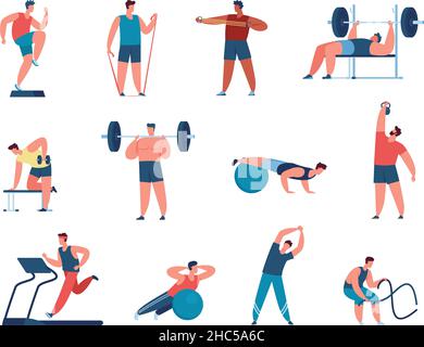 Les hommes sportifs s'entraîner à la salle de gym, s'entraîner avec des équipements de sport.Personnages masculins faisant des exercices cardio, poids de levage, ensemble de vecteur d'entraînement.Les gars avec des muscles ayant des exercices physiques Illustration de Vecteur