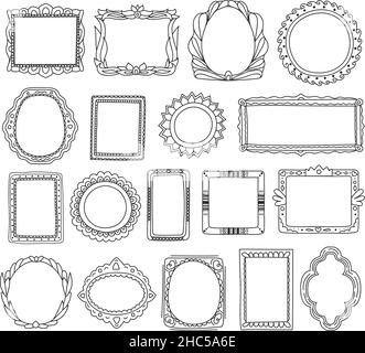 Cadres photo Doodle, joli cadre de peinture dessiné à la main.Scrapbook tag gribouillis, croquis image encadrement des bordures avec éléments décoratifs ensemble de vecteur.Miroir rond, rectangulaire ou ovale Illustration de Vecteur