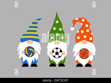 Nains de sport.Personnages mignons tenant des ballons de basket-ball, de volley-ball et de football.Modèle vectoriel pour bannière, affiche, t-shirt, etc Illustration de Vecteur