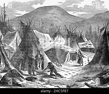 Illustration d'19th un village amérindien de Teepee à la fin du siècle en hiver.Les refuges ont été utilisés par les Indiens des plaines, qui étaient nomades et avaient besoin d'un abri facilement amovible.Ces tribus dépendaient en grande partie des troupeaux de bisons, de sorte que lorsque les troupeaux se déplataient, ils devaient s'emballer et suivre.Les autochtones américains, aussi connus sous le nom d'Indiens américains, les premiers Américains, les autochtones américains sont les peuples autochtones des États-Unis et du Canada. Banque D'Images