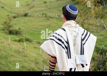 Homme juif priant avec du tali, du kippah et du tefilin dans la nature avec de beaux champs verts en arrière-plan. Banque D'Images