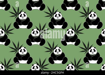 Motif vectoriel sans couture.Panda avec des feuilles de chanvre. Illustration de Vecteur