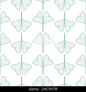 Motif sans couture de feuilles de ginkgo biloba vert contourées Illustration de Vecteur