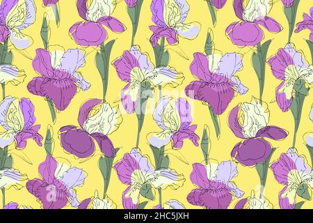 Motif Art floral vectoriel sans coutures.Iris violet, violet, jaune pâle avec tiges et feuilles vertes. Illustration de Vecteur