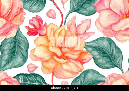 Motif fleuri sans coutures.Fleurs aquarelles avec feuilles sur fond blanc. Banque D'Images