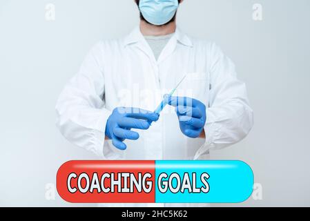 Affiche affichant les objectifs de coaching.Le mot écrit sur habilite les individus les encourage à prendre la responsabilité chercheur Afficher la prévention des virus Banque D'Images