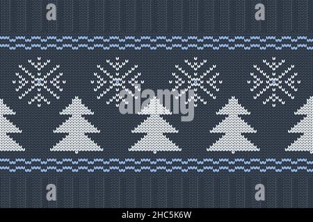 Motif de tricot nordique sans couture vectoriel dans des couleurs bleu et blanc avec flocons de neige et arbres de Noël. Illustration de Vecteur