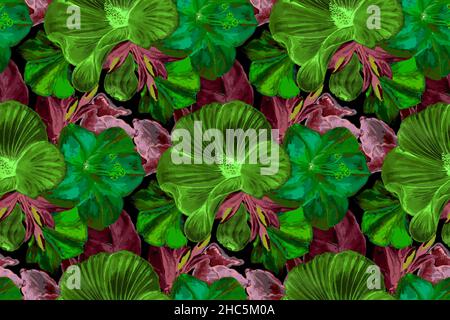 Motif fleuri aquarelle sans coutures.Feuilles brunes, fleurs de mélow vert fluo. Banque D'Images