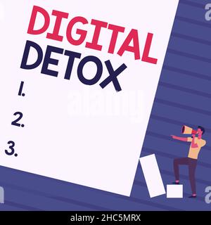 Affiche numérique Detox.Internet concept sans dispositifs électroniques déconnecter pour reconnecter homme non branché dessin debout tenant Megaphone Banque D'Images