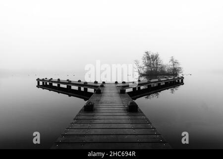 Prise de vue en niveaux de gris d'un quai au-dessus de la surface de l'eau du lac, le jour de brouillard dans la forêt d'Amsterdam, Amstelveen Banque D'Images