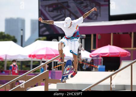 25th JUILLET 2021 - TOKYO, JAPON: Aurélien GIRAUD de France en action lors de la finale de la rue masculine de Skateboarding aux Jeux Olympiques de Tokyo 2020 (photo Banque D'Images