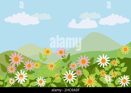 Spring Wallpaper, le paysage frais regarde derrière avec des montagnes imposantes et des nuages clairs Illustration de Vecteur