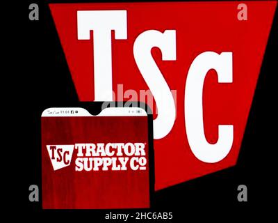 Sur cette photo, le logo de Tractor Supply Company apparaît en arrière-plan sur un smartphone. Banque D'Images