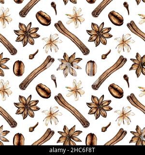 Aquarelle peinture à motif épicé avec étoiles, bâtons de cannelle, clous de girofle, grains de café.Imprimé répété sans couture avec écorce de cannelle et fleurs d'épices.A Banque D'Images