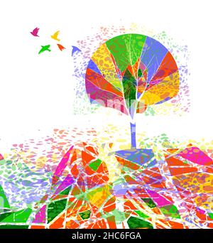 arbre multicolore abstrait avec oiseaux volants.Illustration vectorielle Illustration de Vecteur