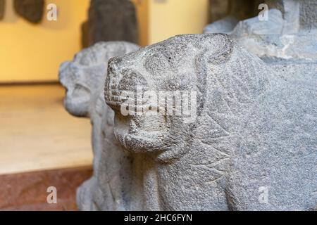 Tête du lion de pierre qui gardait autrefois l'entrée du palais Hittite tardif à Zincirli (Samal), 9th siècle avant J.-C. Banque D'Images