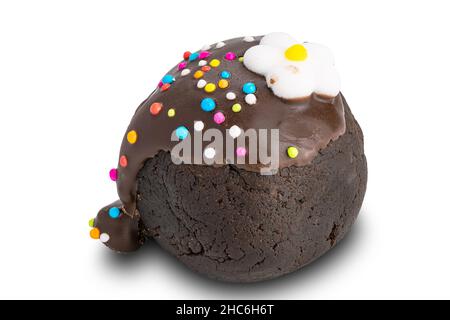 Vue en grand angle de la boule de chocolat ou de la garniture de boule de chocolat avec des saupoudrées arc-en-ciel colorées et une fleur de sucre blanc sur fond blanc avec un chemin d'écrêtage. Banque D'Images