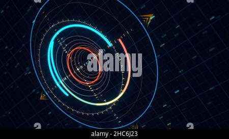 Technologies futures , système de guidage abstrait isolé sur fond noir.Gros plan sur les parties au néon rotatives de la recherche de programme numérique, sans couture l Banque D'Images