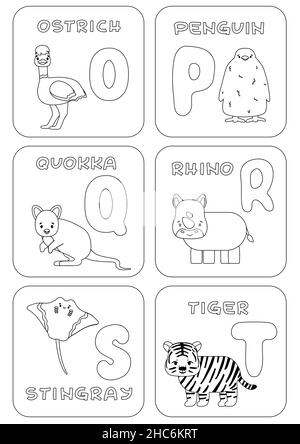 Jeu de famille avec alphabet O-T anglais pour enfants.Colorier des pages avec des animaux et des lettres qui peuvent être utilisés pour l'apprentissage, l'éducation détendre, jeux enfantiles.Vecteur Illustration de Vecteur