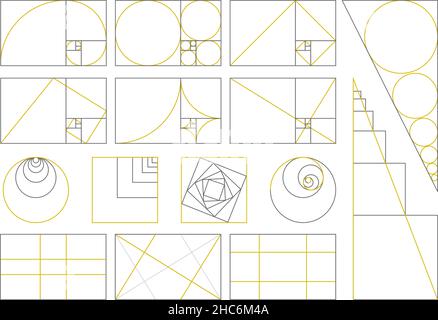 Golden ratio, proportions divines, Golden fibonacci nombres en spirale.Ensemble d'illustrations vectorielles Golden proportion fibonacci.Géométrie sacrée Illustration de Vecteur