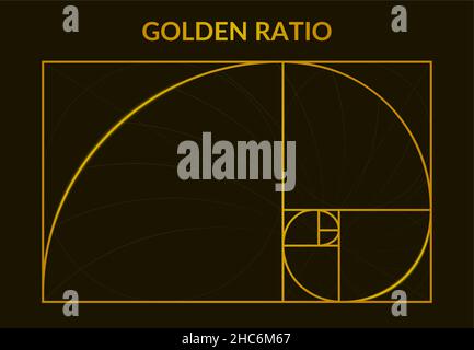 Golden fibonacci nombre, section dorée, affiche de proportion en spirale.Illustration d'arrière-plan du vecteur de rapport d'or de proportion parfaite de Fibonacci.Doré Illustration de Vecteur