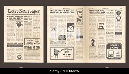 Vieux journal vintage pleine page, pages rétro de couverture.Papier journal rétro, actualités éditoriales et affiches publicitaires ensemble d'illustrations vectorielles de mise en page de journaux.Ancien Illustration de Vecteur
