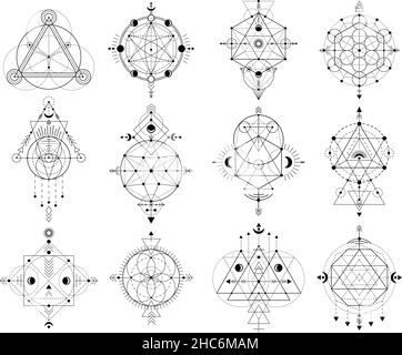 Figures géométriques sacrées, formes linéaires mystiques abstraites.Ensemble d'illustrations vectorielles de signes occultes linéaires mystiques.Symboles géométriques d'alchimie sacrée Illustration de Vecteur