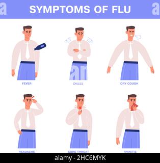 Symptômes de grippe ou de rhume, personne malade avec mal de gorge, mauvaise toux et fièvre.Illustration de vecteurs de maladies virales ou de rhume de personnages masculins.Froid Illustration de Vecteur