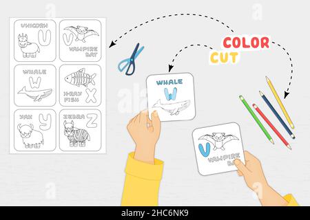 Jeu de papier de colle de couleur coupée pour le développement des enfants d'âge préscolaire.Couper les cartes Alphabet les parties de l'image, la couleur, la colle sur le papier.Illustration vectorielle pré Illustration de Vecteur