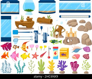 Équipement d'aquarium de dessins animés, poissons, algues et pierres.Ensemble d'illustrations vectorielles pour poissons, plantes et aquariums sous-marins.Aquariums d'eau Illustration de Vecteur