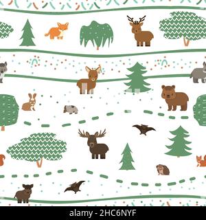 Joli motif animal de forêt puéril sans couture.Renard loup, ours cerf Doe wapiti écureuil lièvre chauve-souris tortue hérisson.Illustration vectorielle sur fond blanc Illustration de Vecteur