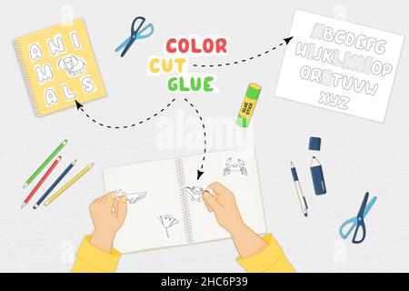 Jeu de papier de colle de couleur coupée pour le développement des enfants d'âge préscolaire.Couper les cartes Alphabet parties de la couleur de l'image, colle sur le papier.Prés. Illustration vectorielle Illustration de Vecteur