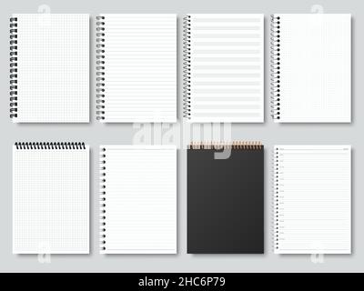 Papiers-notes réalistes, bloc-notes à reliure spirale, carnet d'esquisses ou calendrier.Jeu d'illustrations vectorielles de journal, d'organiseur ou de livre publicitaire ouvert et fermé.Vide Illustration de Vecteur