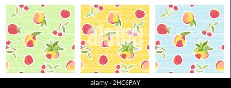 Ensemble de fruits d'été, baies à motifs sans couture.Illustrations vectorielles de cerises isolées, de pêches, de prunes, de nectarines, de feuilles sur fond bleu jaune et de purée Illustration de Vecteur