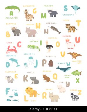 Mignon dessin animé simple savane et animaux de la forêt et affiche de l'alphabet anglais.Illustration pédagogique vectorielle sur fond blanc Illustration de Vecteur