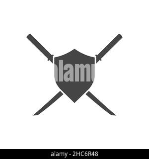 Deux swords croisés samouraïs et emblème isolé de bouclier.Arme ninja catana.Illustration en noir et blanc. Banque D'Images
