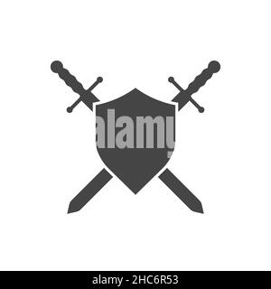Deux épées croisées médiévales avec emblème blindé isolé.Guerre sainte, signe de croisade.Illustration en noir et blanc. Banque D'Images