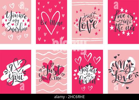 Saint-Valentin, romantique lettering manuscrit citations cartes.Cartes de vœux Happy Saint Valentin avec texte phrases vector illustration set.Amour Illustration de Vecteur