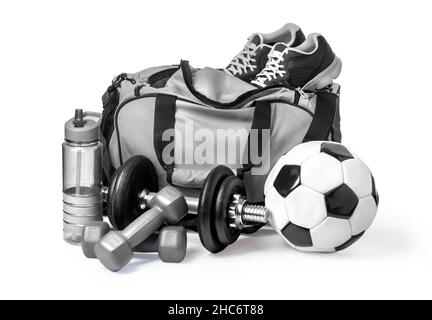 Sac de sport avec des équipements sportifs isolated on white with clipping path Banque D'Images