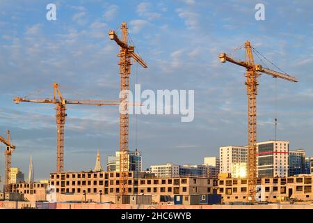 Grues de construction sur le chantier de construction d'un immeuble d'appartements en décembre après-midi.Saint-Pétersbourg, Russie Banque D'Images