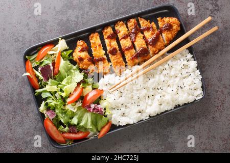 Le katsu de poulet est un plat japonais également connu sous le nom de poulet panko ou de tori katsu servi avec de la salade de riz et de légumes sur la table en béton.Horizo Banque D'Images